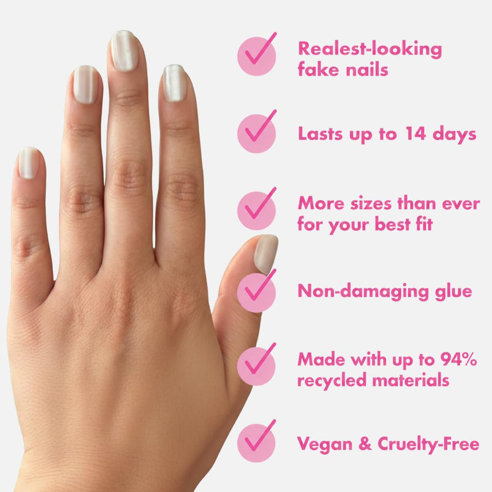 Olive & June hands applying press-on nails demonstrating easy salon-quality results