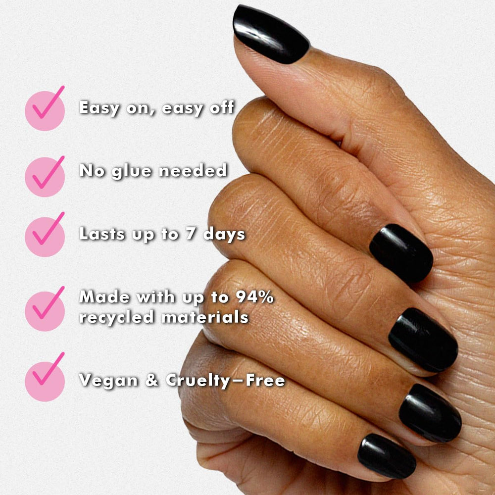 Olive & June press-ons being applied to hand showing easy on benefit