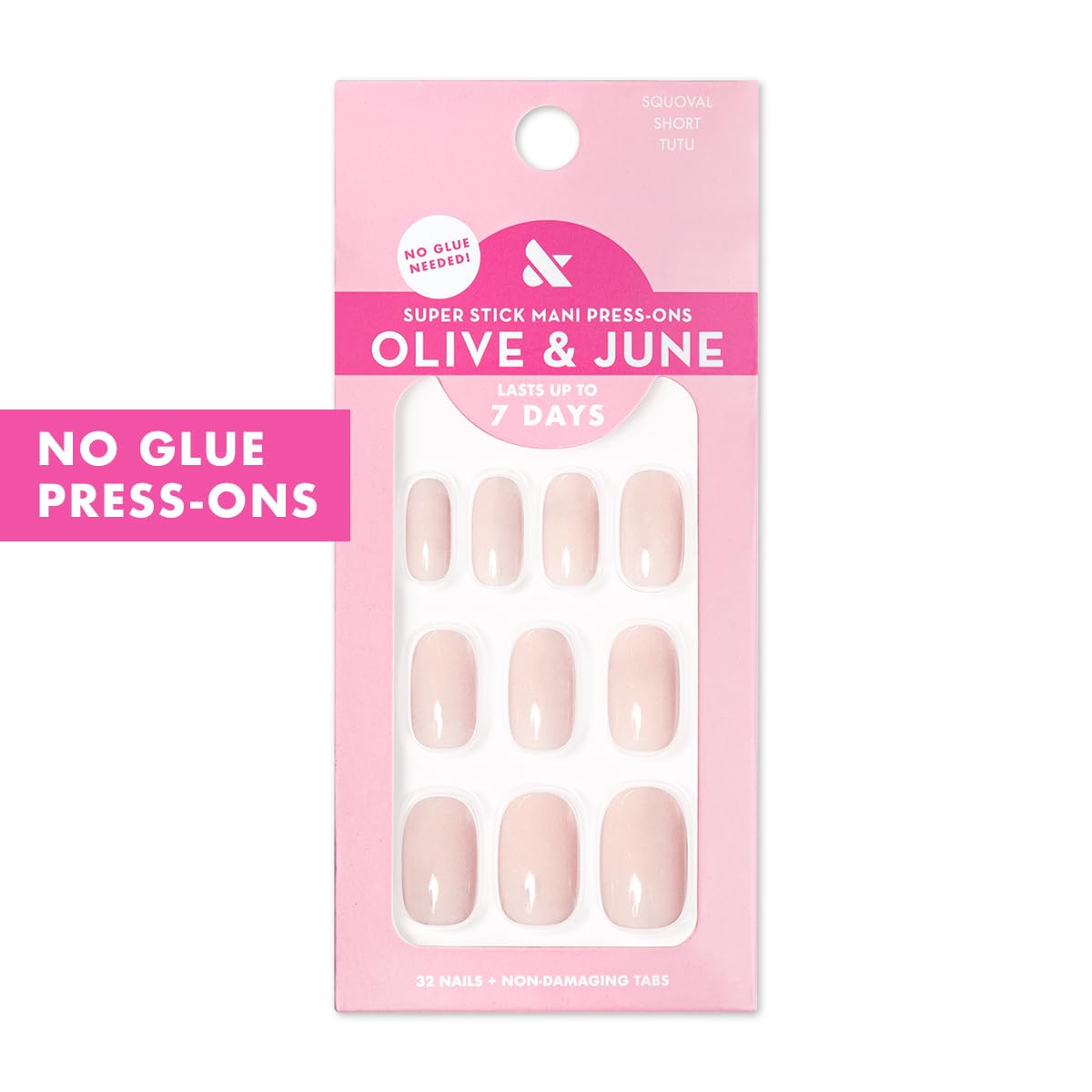 Olive & June 32 press-on nails spread to show size range and salon finish benefit