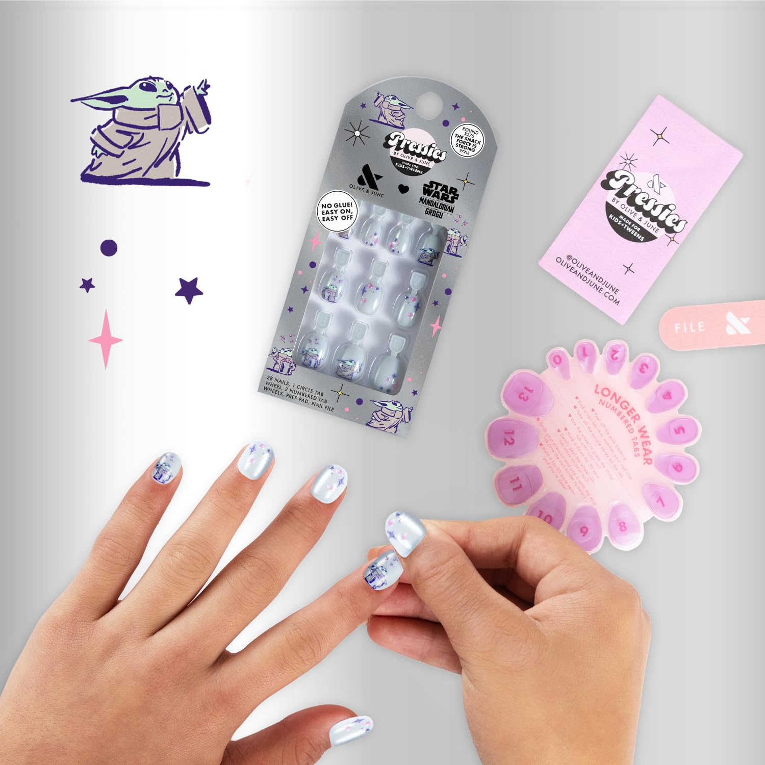 Olive & June step-by-step press-on application demonstrating quick use