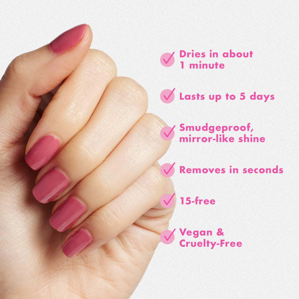 Olive & June polish bottle beside Quick Dry Top Coat for longer-lasting finish benefit