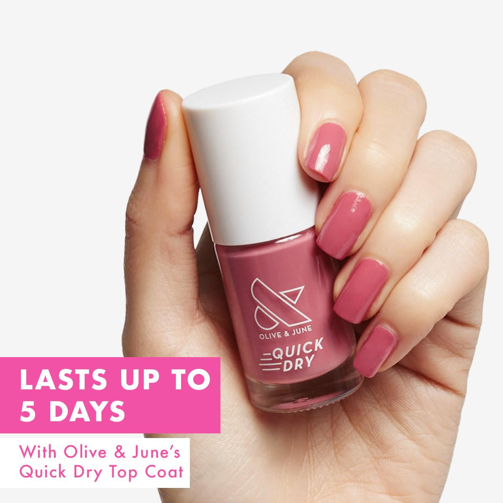 Olive & June open bottle and brush showing polish color and quick application benefit