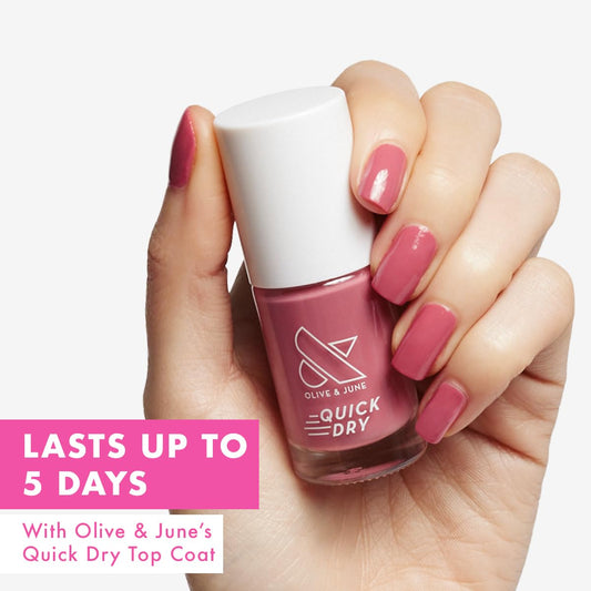 Olive & June open bottle and brush showing polish color and quick application benefit