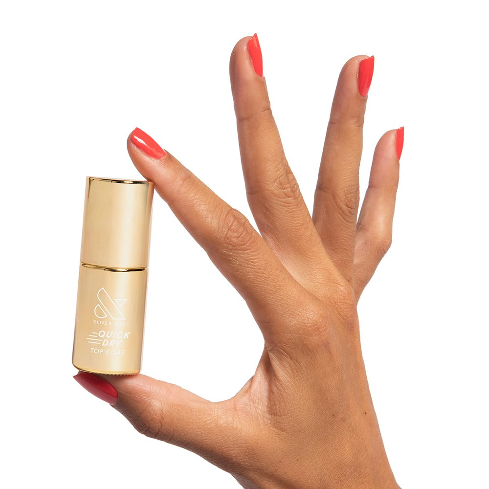 Olive & June bottle front view showing sleek packaging and fast-dry benefit