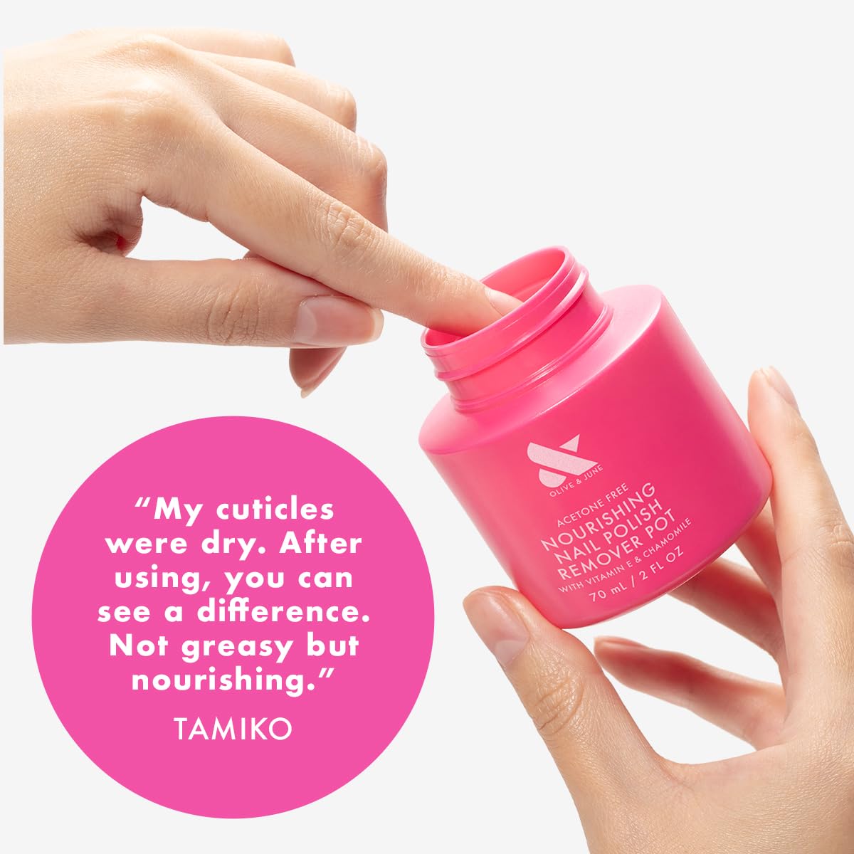 Person dipping finger into Olive & June remover pot demonstrating fast polish removal and less mess