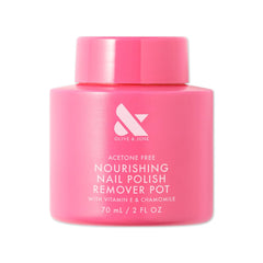 Olive & June remover pot front packaging showing clean, portable design and benefit of no‑mess removal