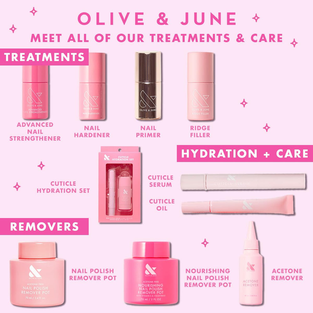 Olive & June remover pot beside a hand for scale emphasizing compact travel‑friendly convenience
