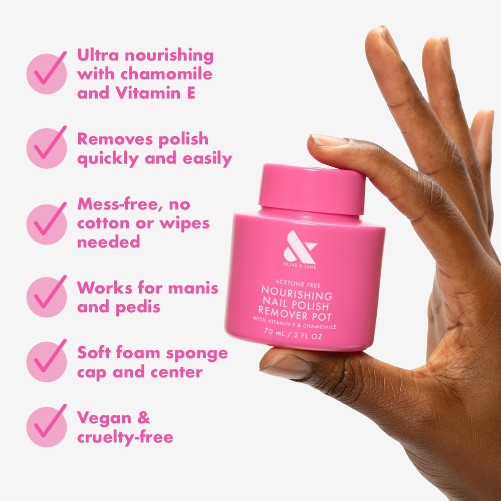 Olive & June remover pot sponge cap close‑up highlighting toe application ease and controlled saturation