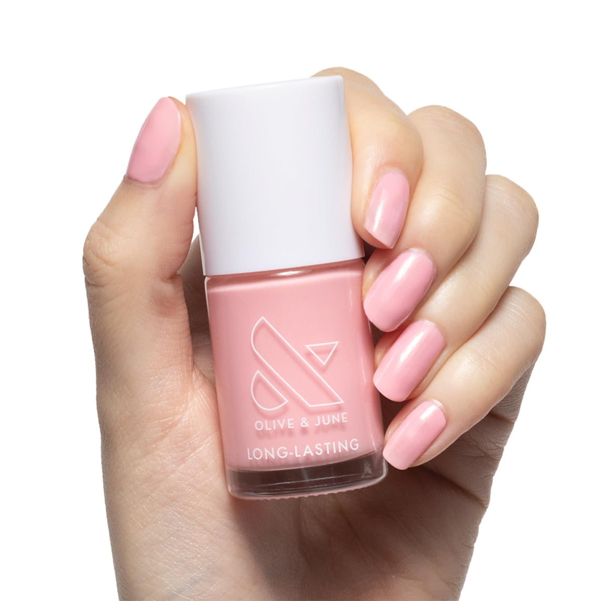 Olive & June front packaging showing Saltwater Taffy pink and benefit of salon-quality finish