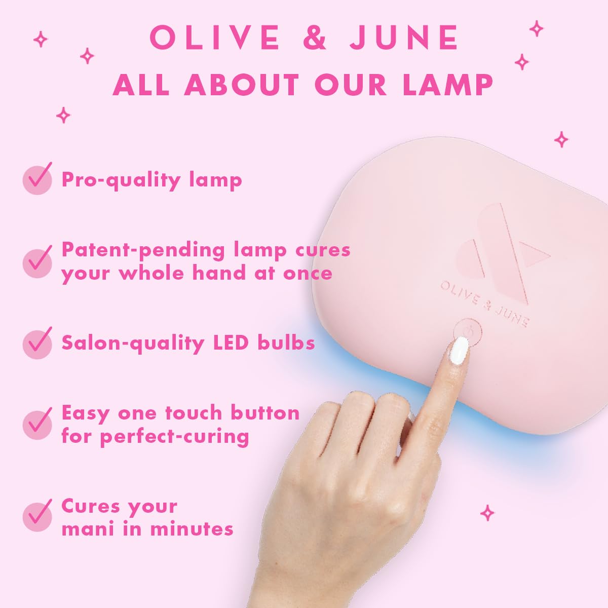 Olive & June bottle next to a hand for scale indicating compact size