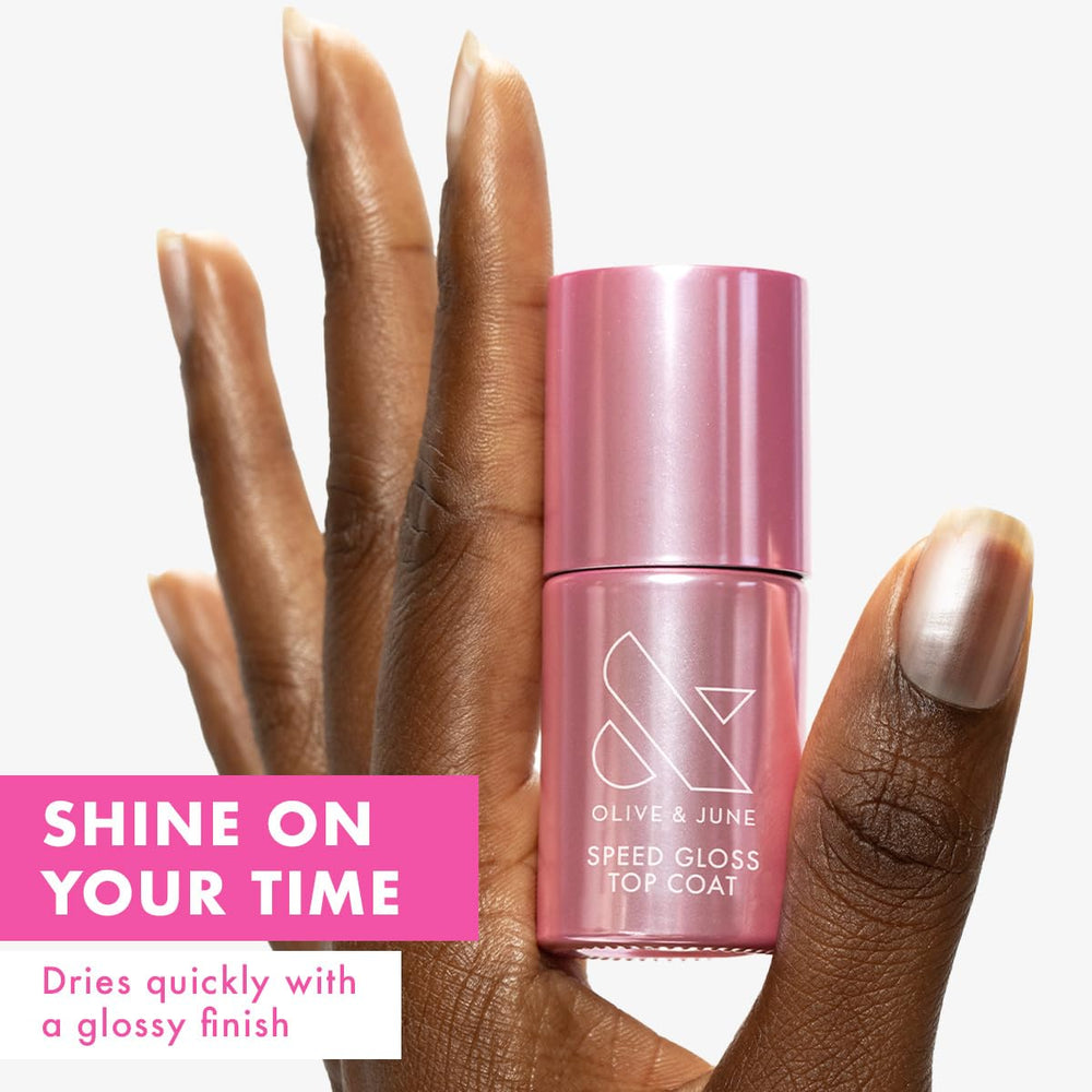 Olive & June Speed Gloss Topcoat bottle adding intense shine and protection
