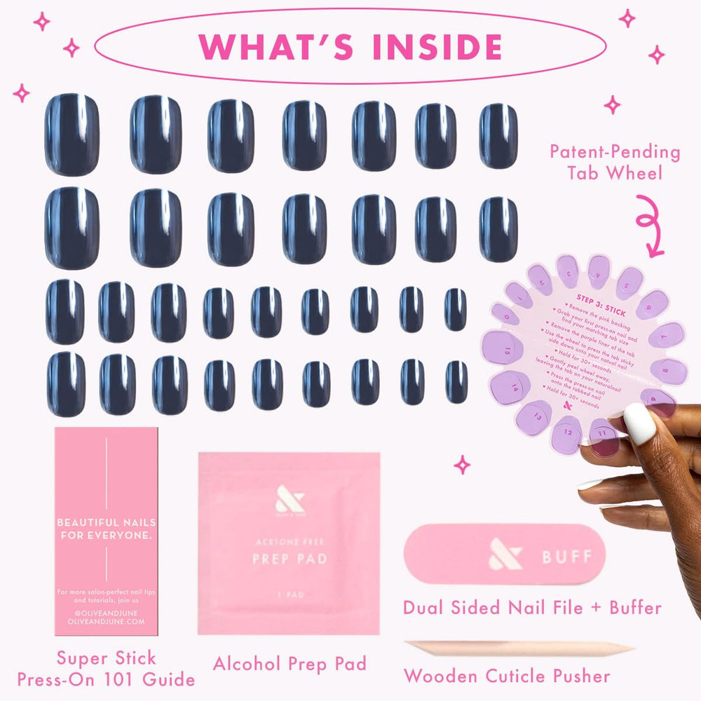 Olive & June application demonstration with press-on being applied for fast, glue-free mani