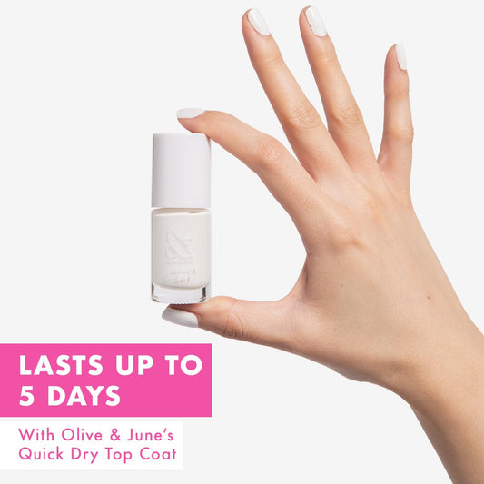 Olive & June close-up of wide fan brush delivering smooth, streak-free application