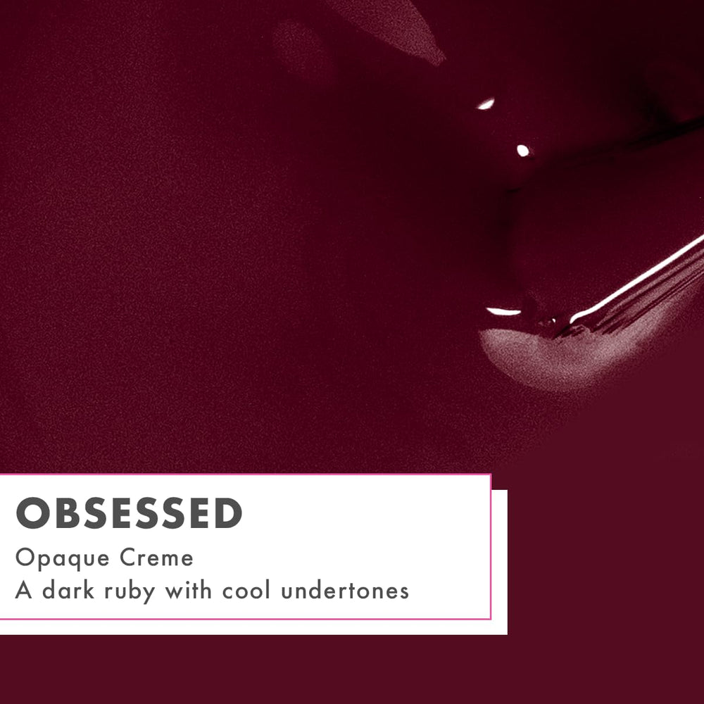 Olive & June fingernail swatch of Obsessed Dark Ruby illustrating rich coverage