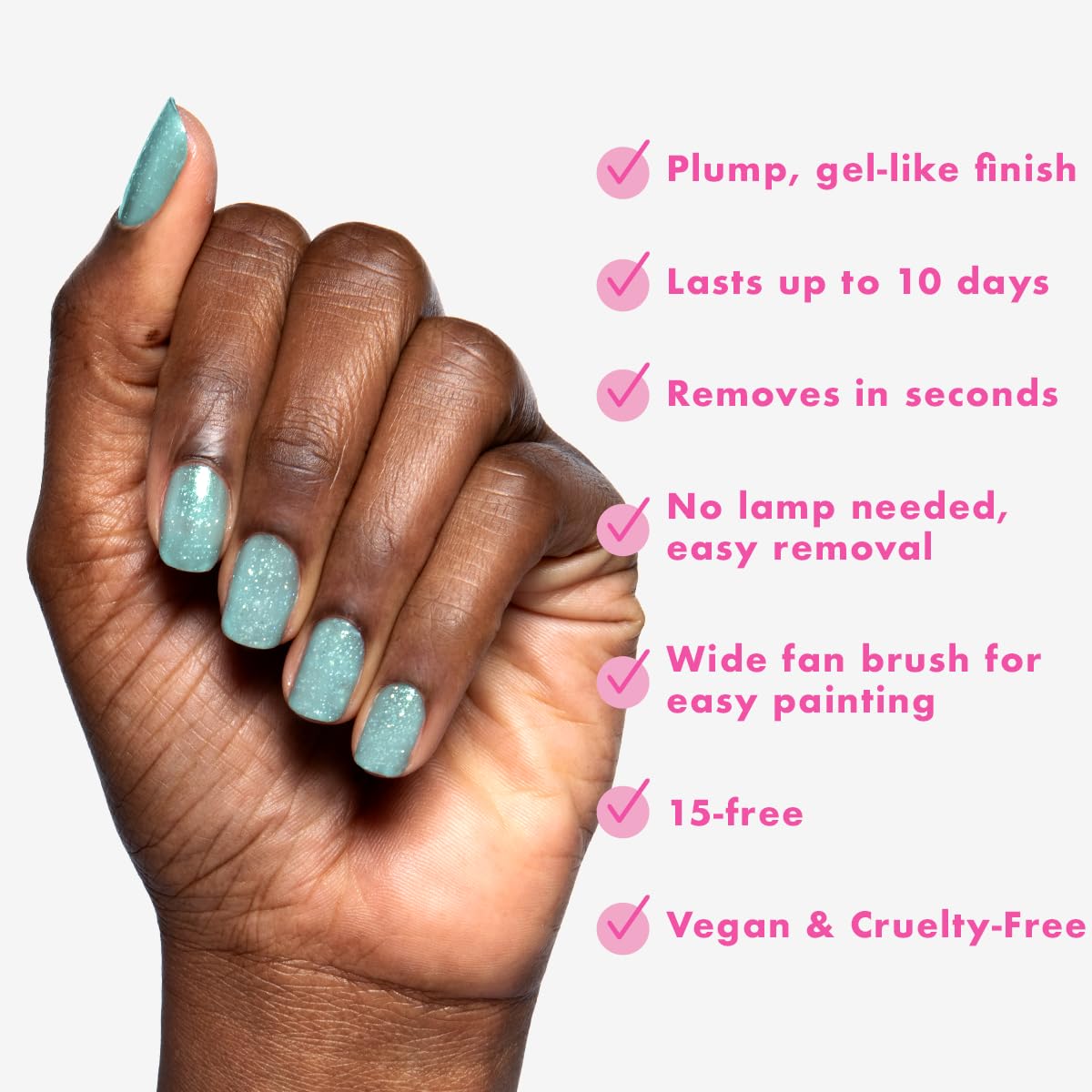 Olive & June swatch on fingertips lifestyle shot, holographic sparkle and wear