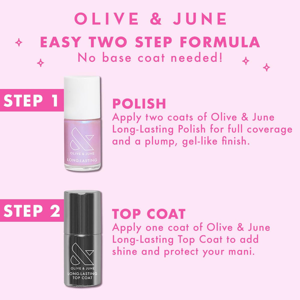Bottle of Olive & June polish paired with Quick Dry Top Coat for longer wear