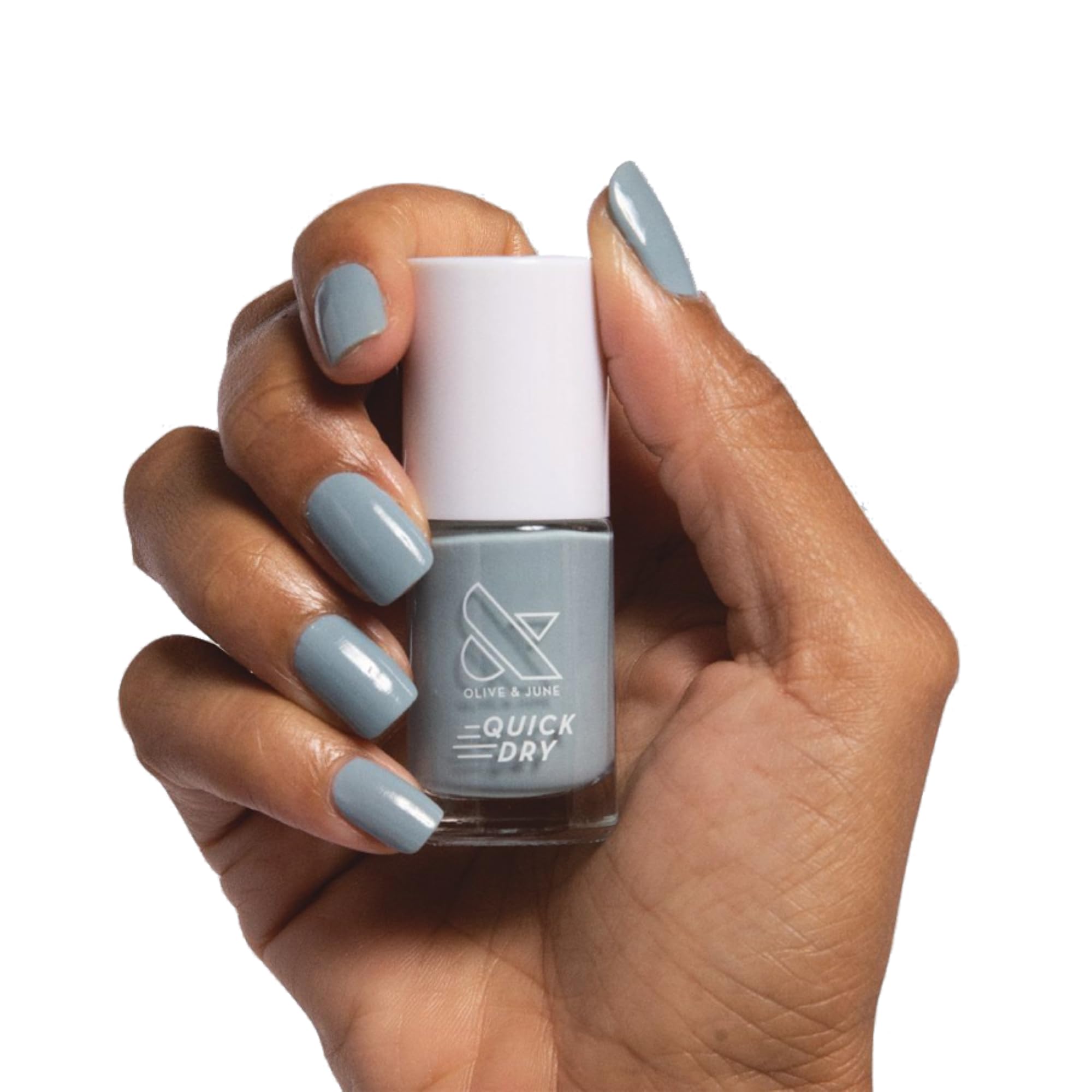 Olive & June front bottle showing Vintage Denim Blue color and quick-dry benefit