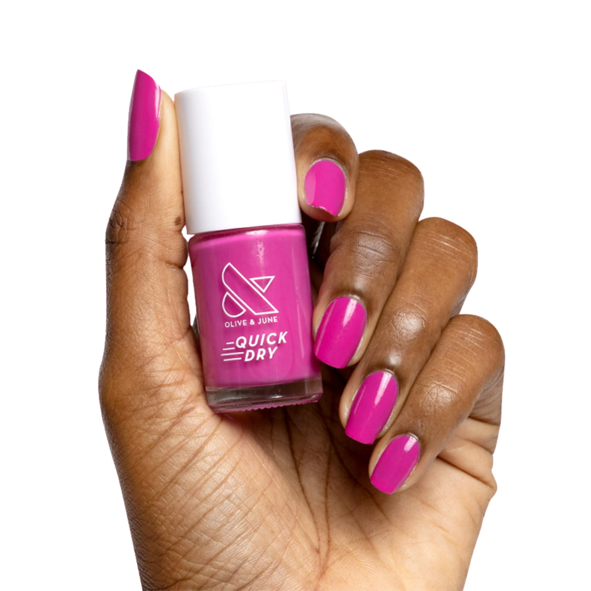 Olive & June bottle front showing Wildest Magenta purple and glossy finish benefit