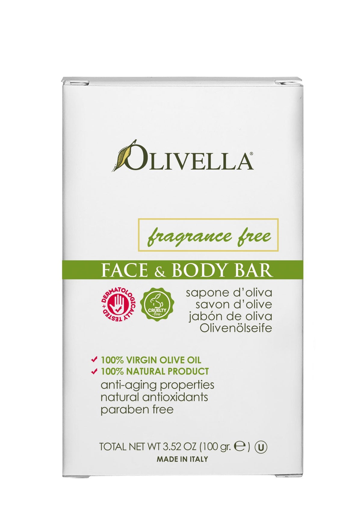 Olivella bar front packaging showing simple label and travel-friendly size