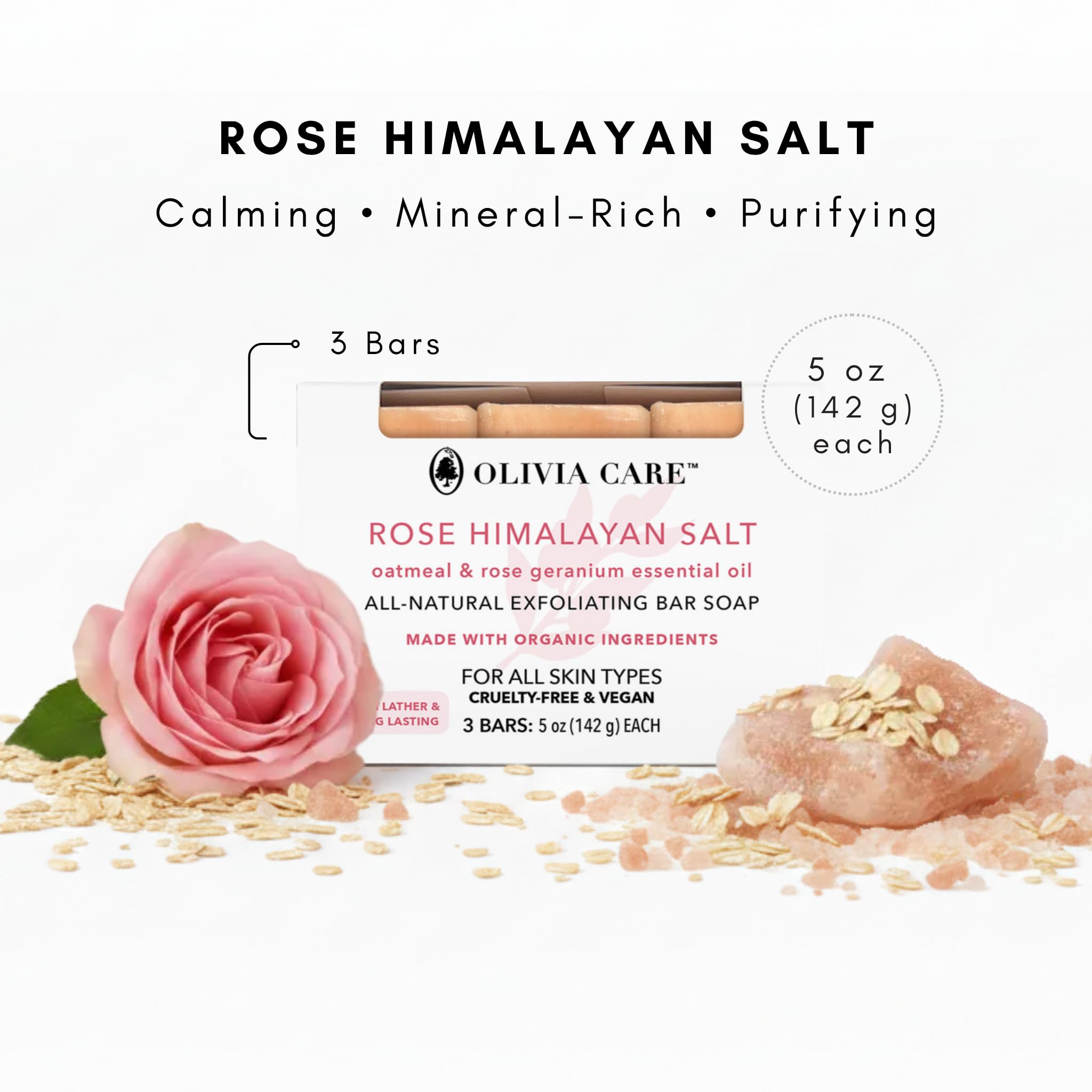 Olivia Care soap on bathroom tray in a styled setting for daily routine appeal