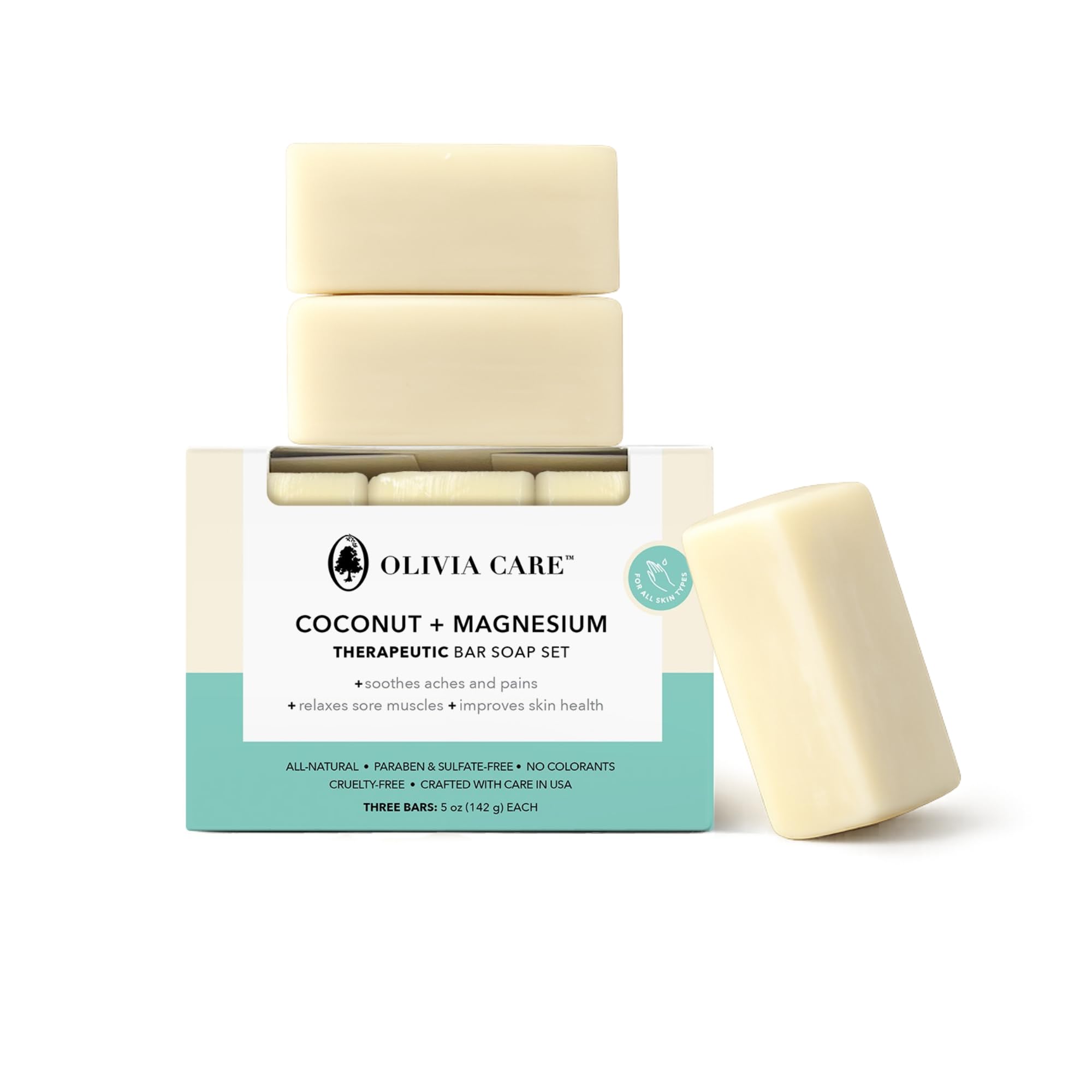 Olivia Care front packaging showing coconut magnesium three-pack, eco-friendly benefit
