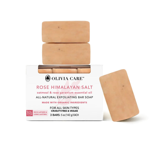 Olivia Care front packaging showing three 5 oz bars and moisturizing benefits