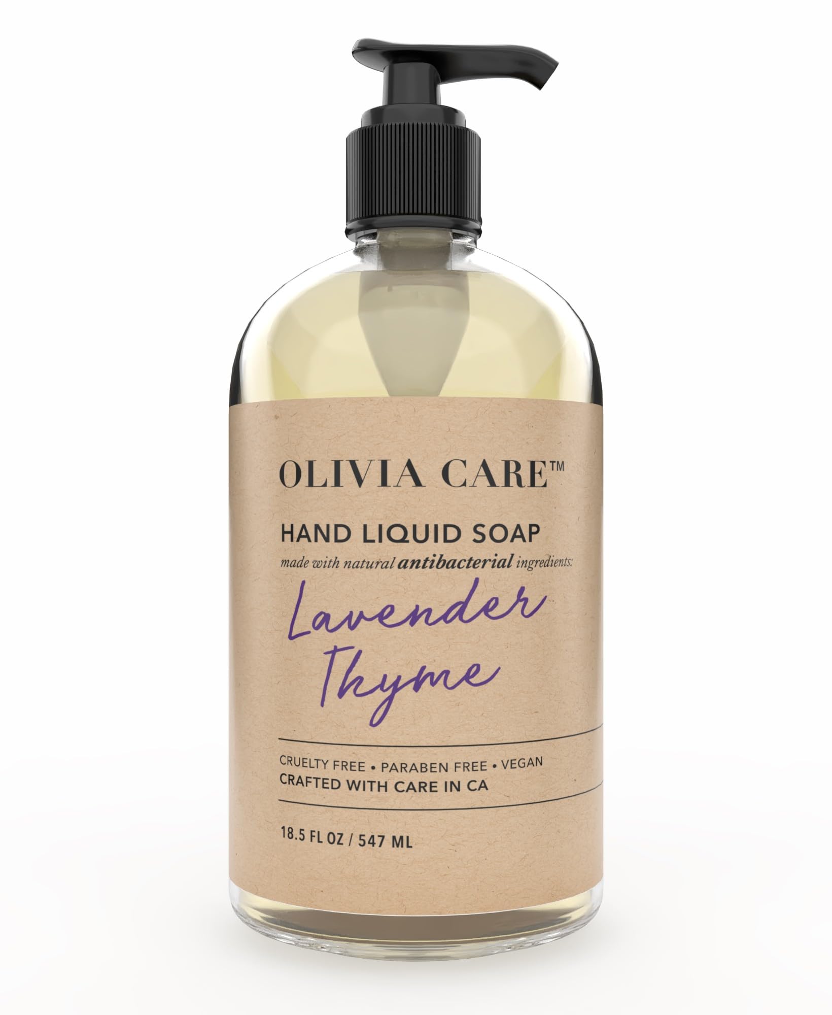 Olivia Care front pump bottle showing label and easy-pour benefit