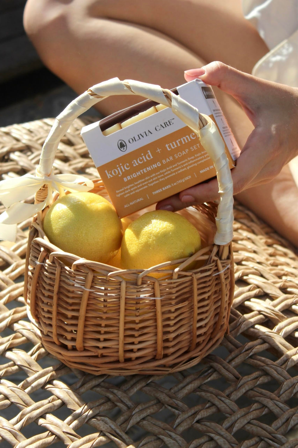 Olivia Care ingredients label closeup showing kojic acid, turmeric, olive oil benefits
