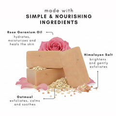 Close-up of Olivia Care soap texture with pink Himalayan salt for gentle exfoliation
