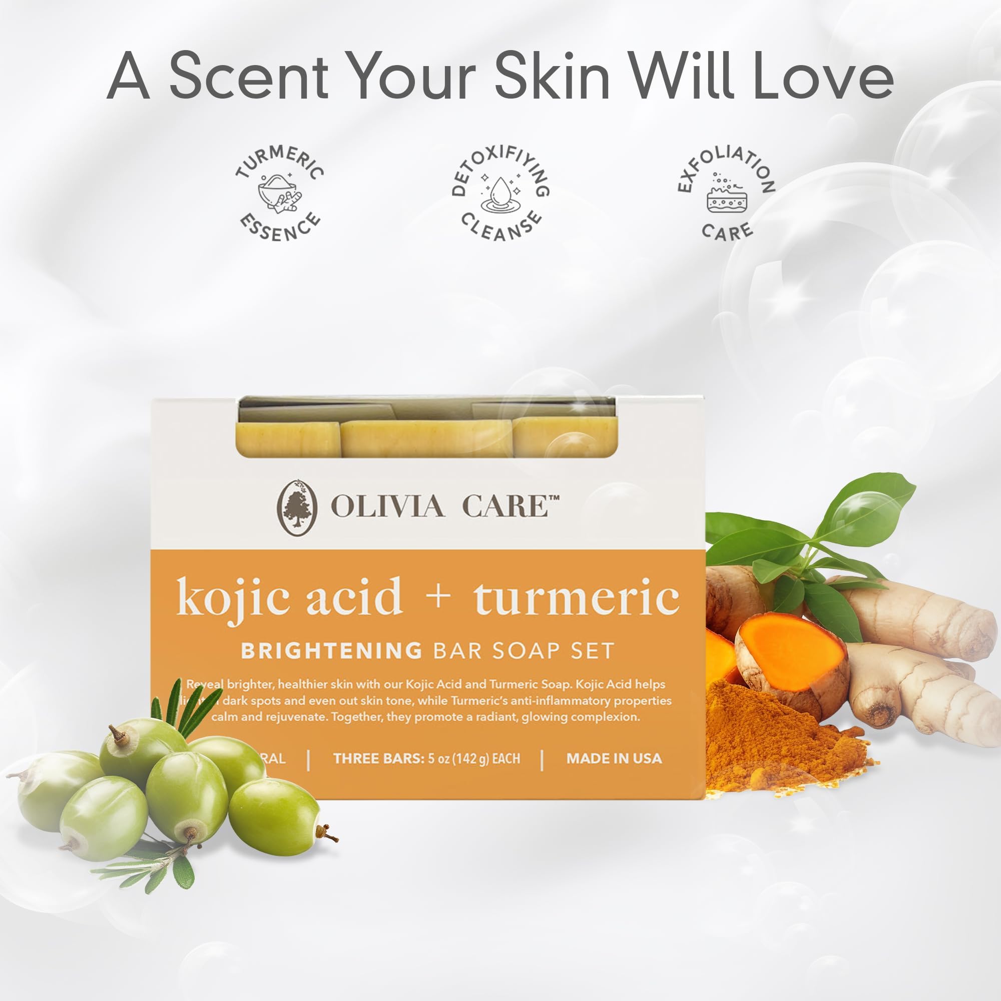 Olivia Care bar in hand showing 5 oz scale and easy handling benefit