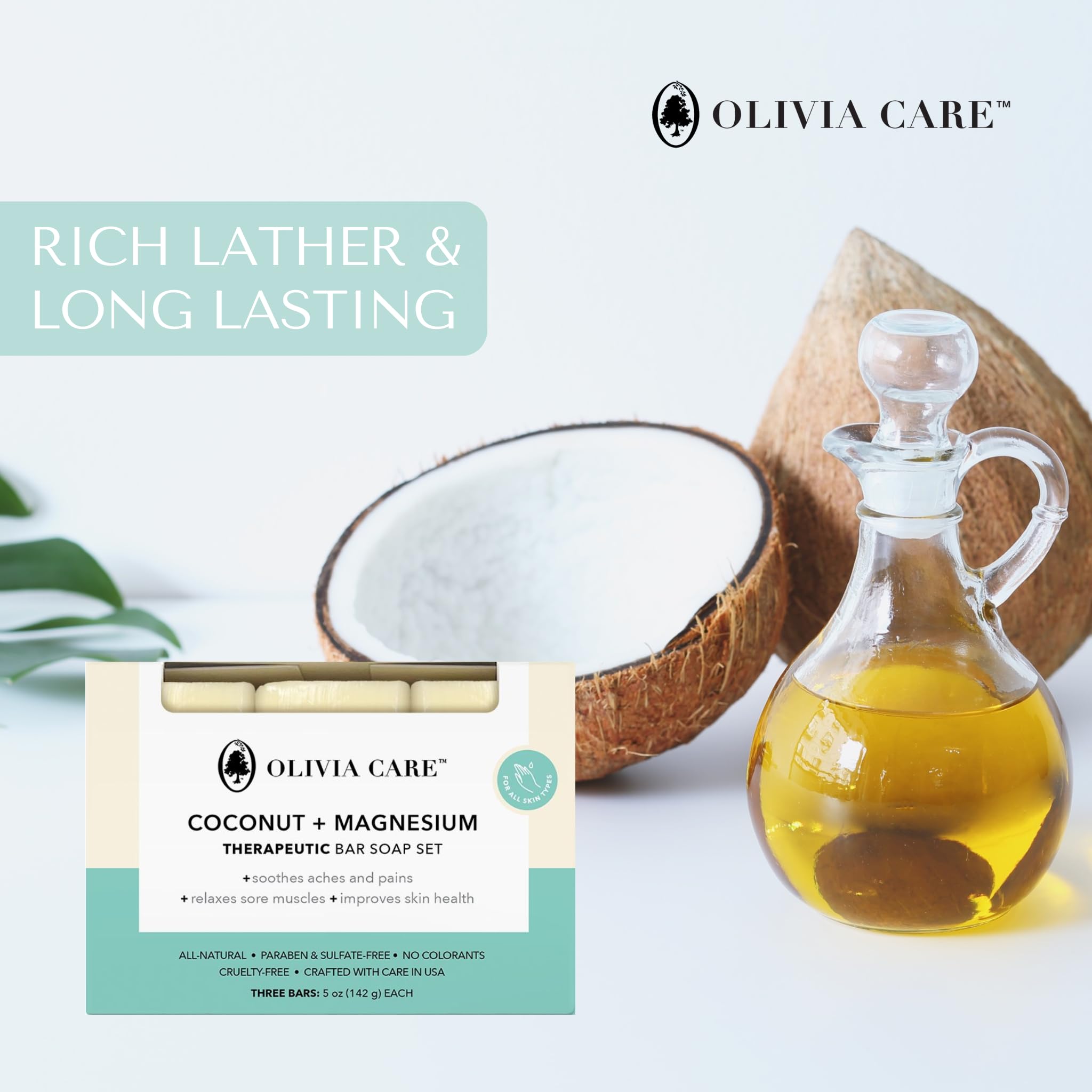Olivia Care soap resting on bamboo dish in bathroom, demonstrating tidy sustainable storage