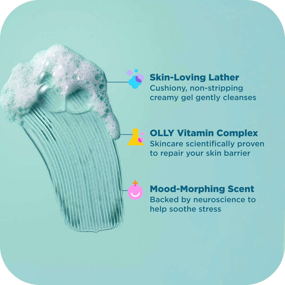 OLLY body wash on bathroom shelf staged for bedtime ritual promoting calming atmosphere