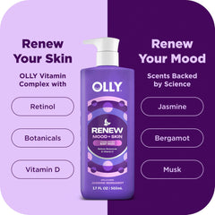 OLLY body wash in-use under warm shower demonstrating soothing cleanse and relaxation