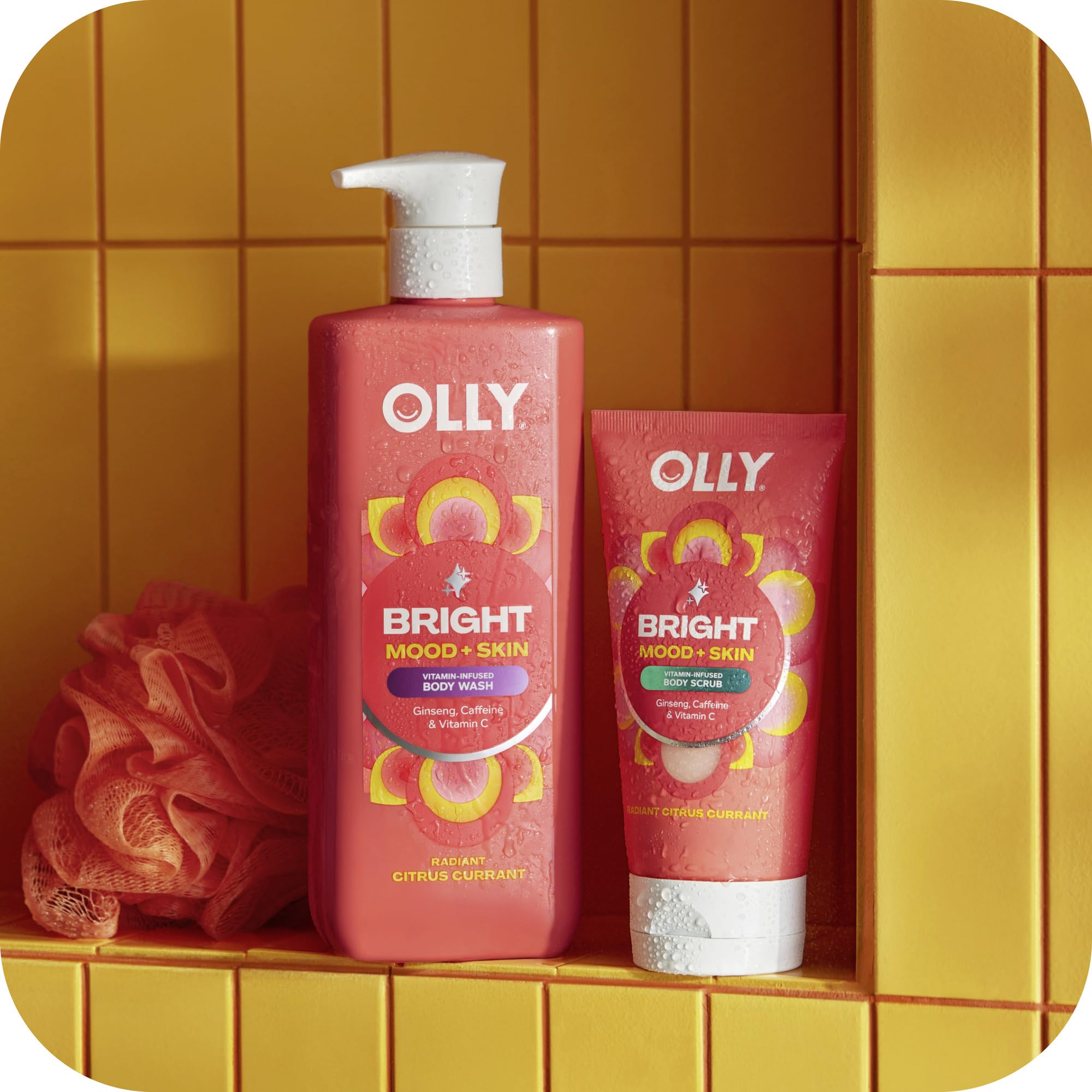 OLLY body wash in shower use showing skin application, energizing ritual benefit