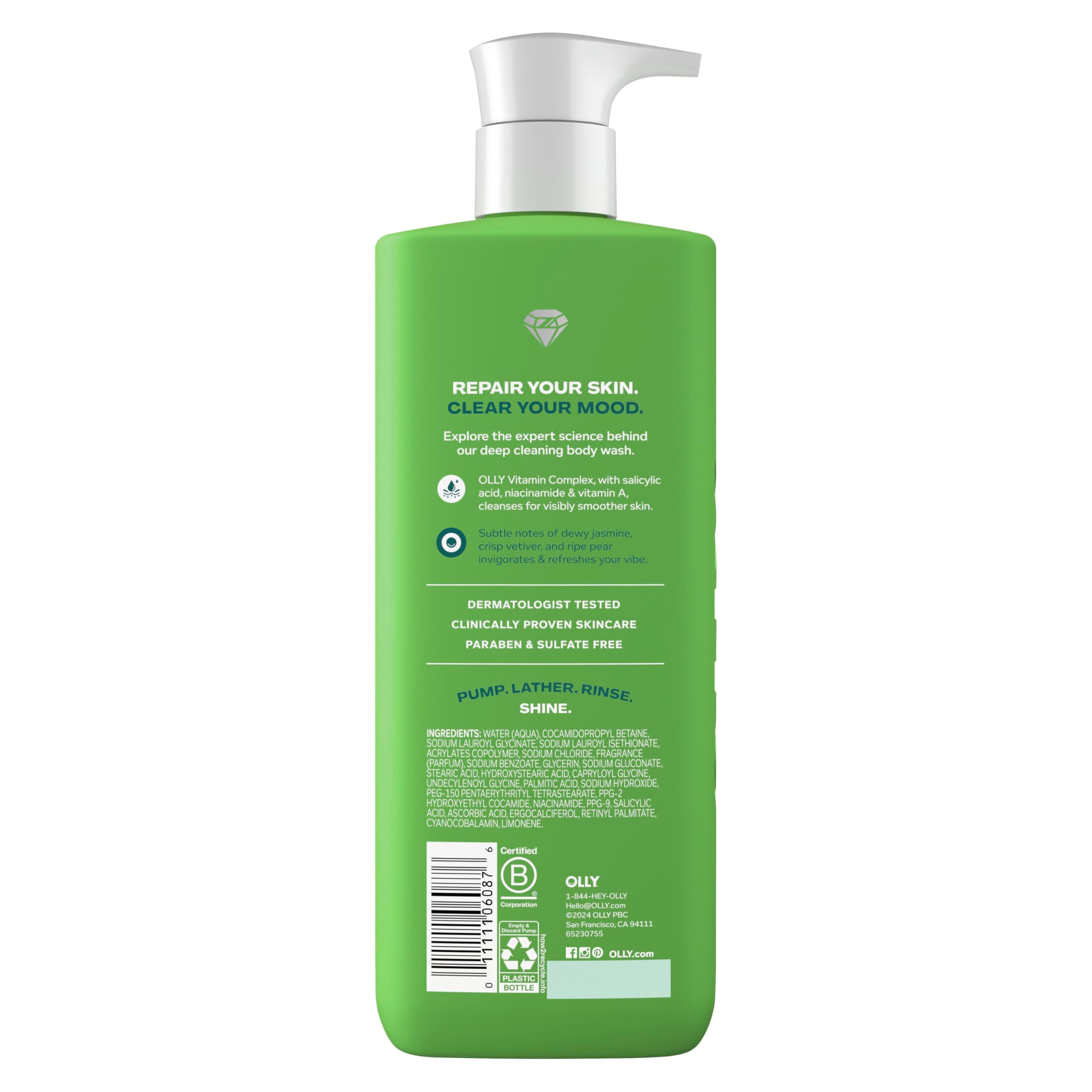 OLLY pump and label detail highlighting active ingredients for smoother skin
