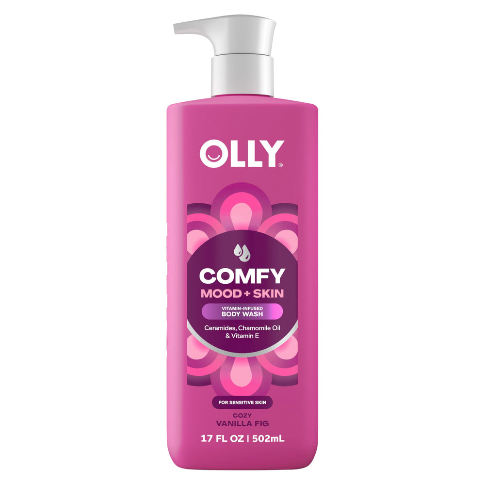 OLLY Comfy body wash front bottle showcasing label and cozy scent benefit
