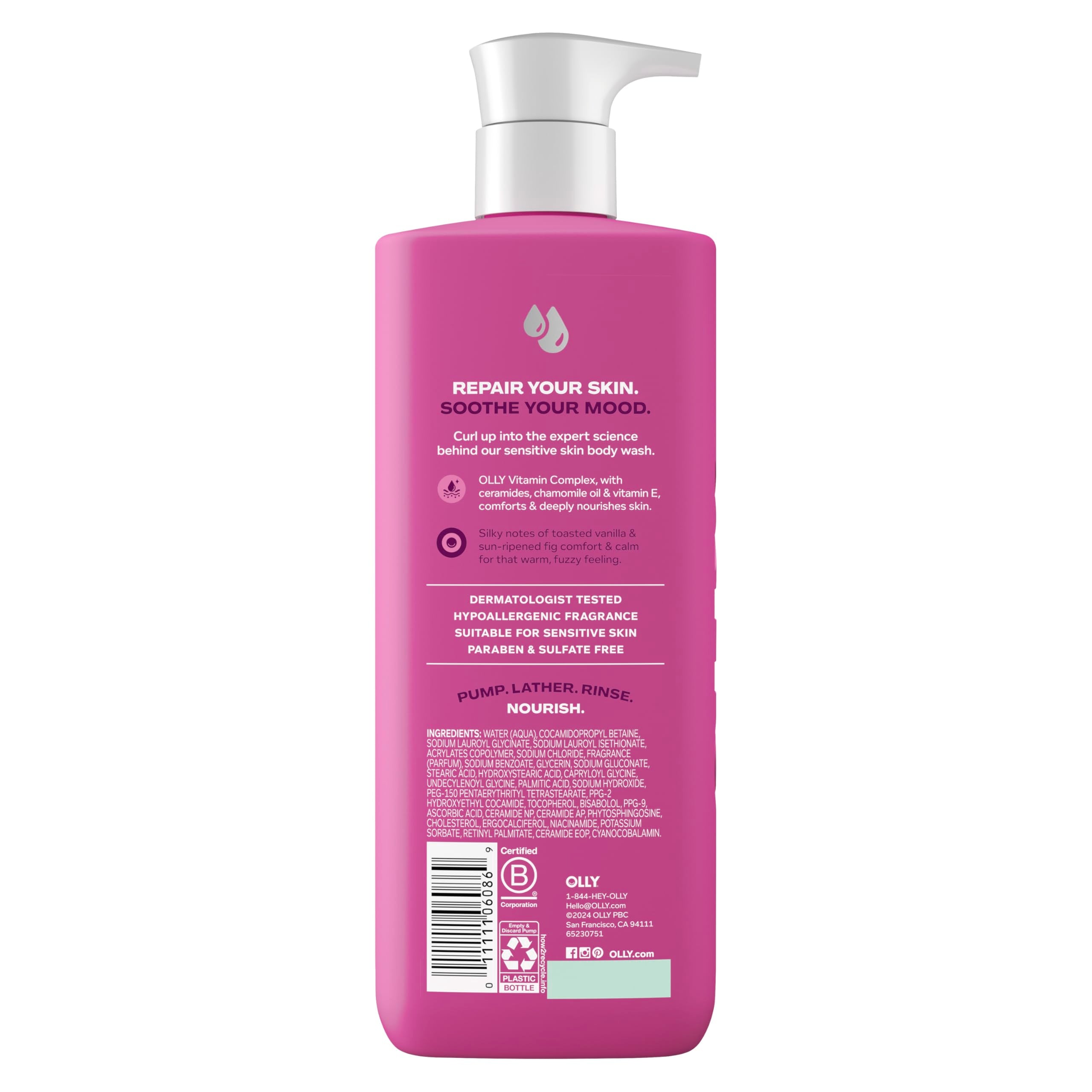 OLLY close-up of pump and label highlighting gentle formulation benefit