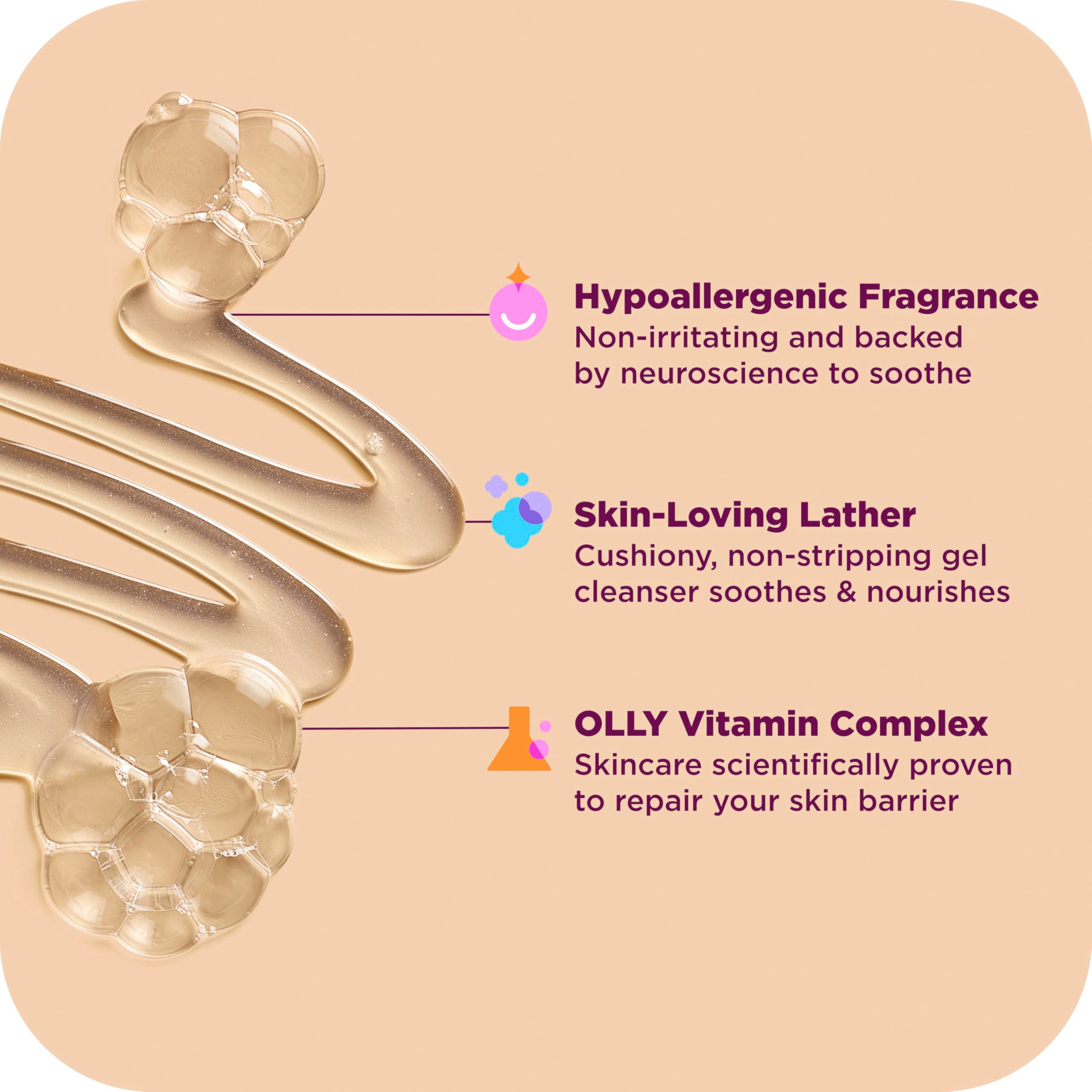 OLLY creamy lather on skin illustrating soft, hydrating foam benefit