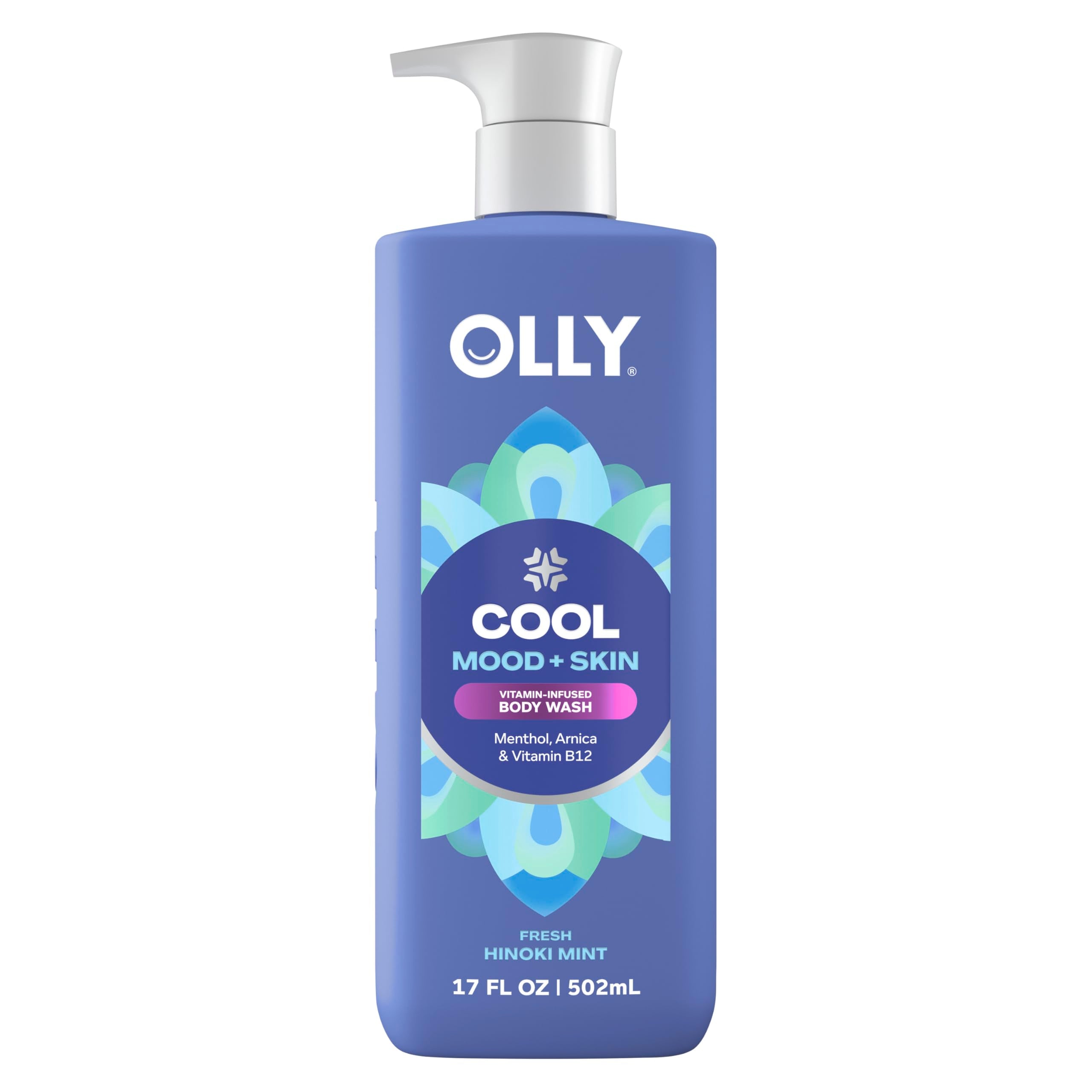 OLLY front bottle of COOL Mood + Skin body wash showing packaging and size benefit