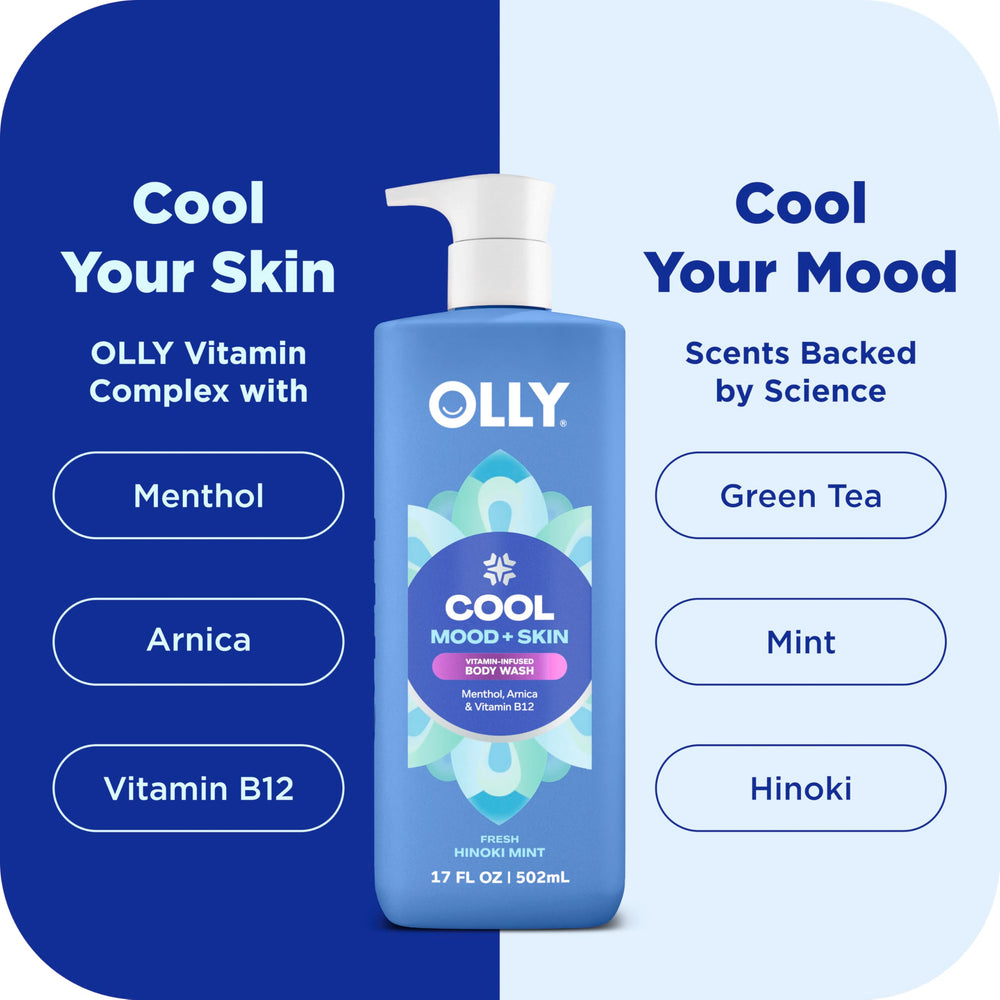 OLLY person using COOL body wash in shower for refreshing, cooling sensation benefit