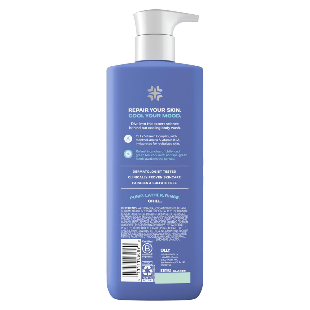 OLLY close-up of COOL gel texture highlighting moisturizing, non-stripping lather