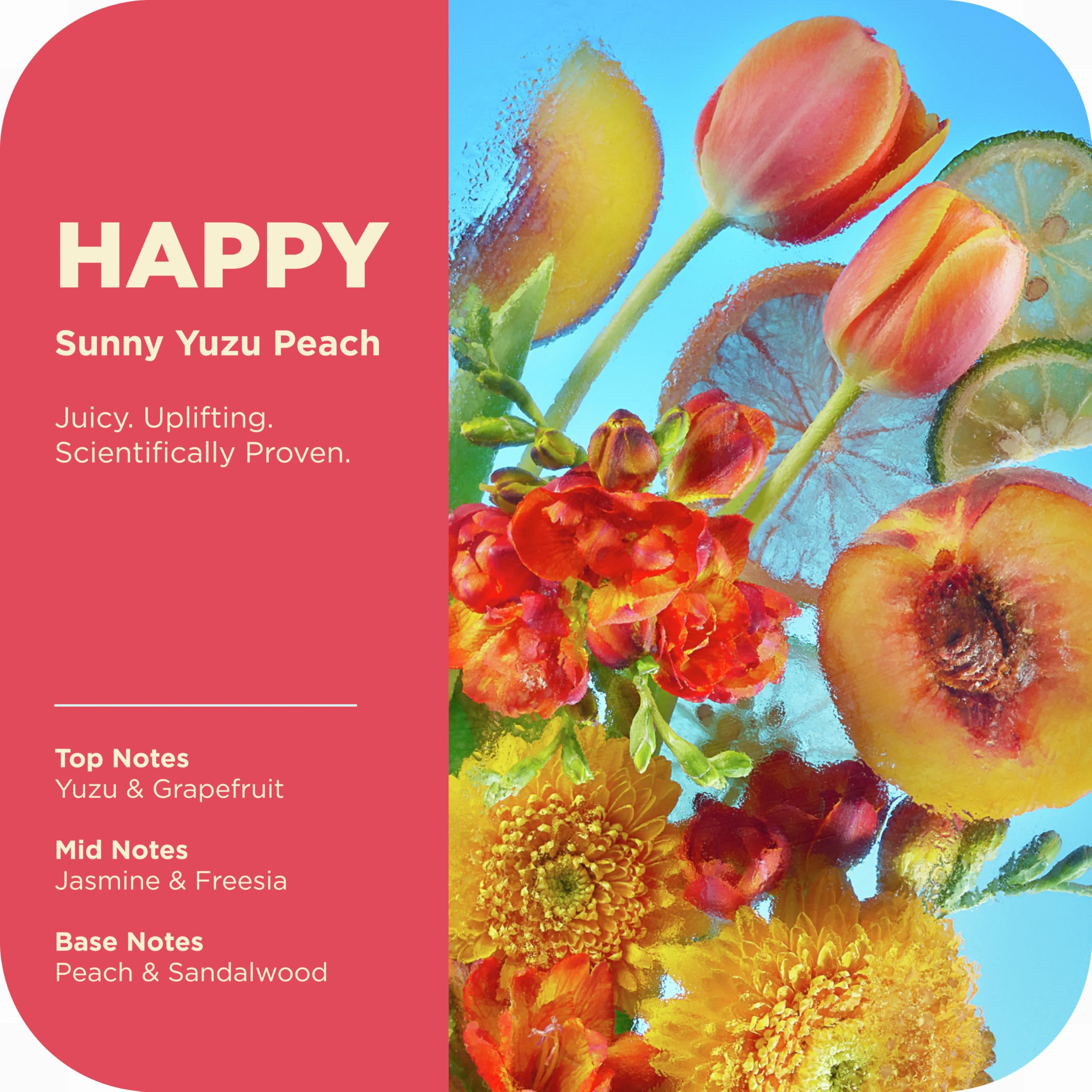 OLLY bottle beside peach and yuzu illustrating the tropical scent