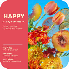 OLLY bottle beside peach and yuzu illustrating the tropical scent