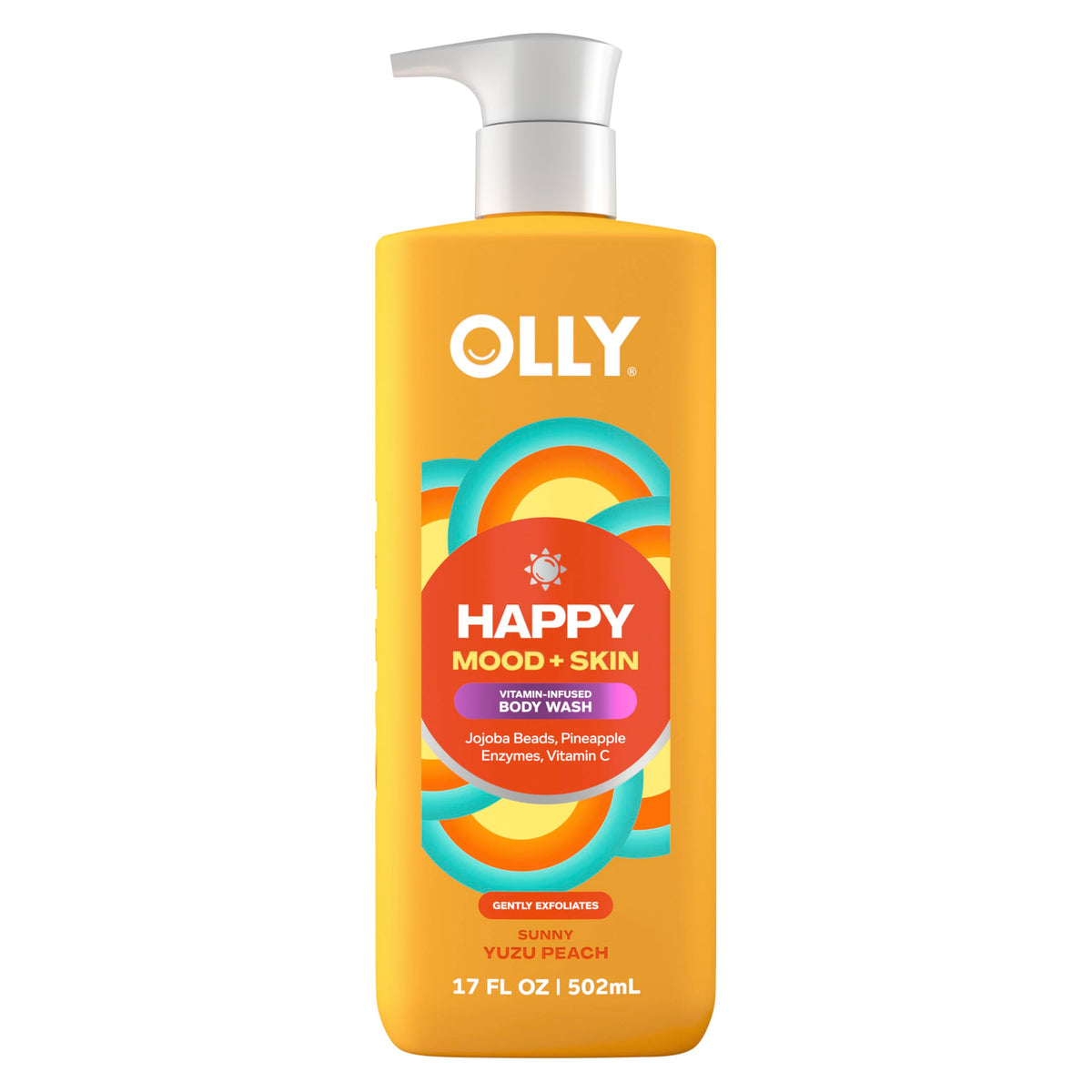OLLY bottle front packaging showing Sunny Yuzu Peach fragrance and benefits
