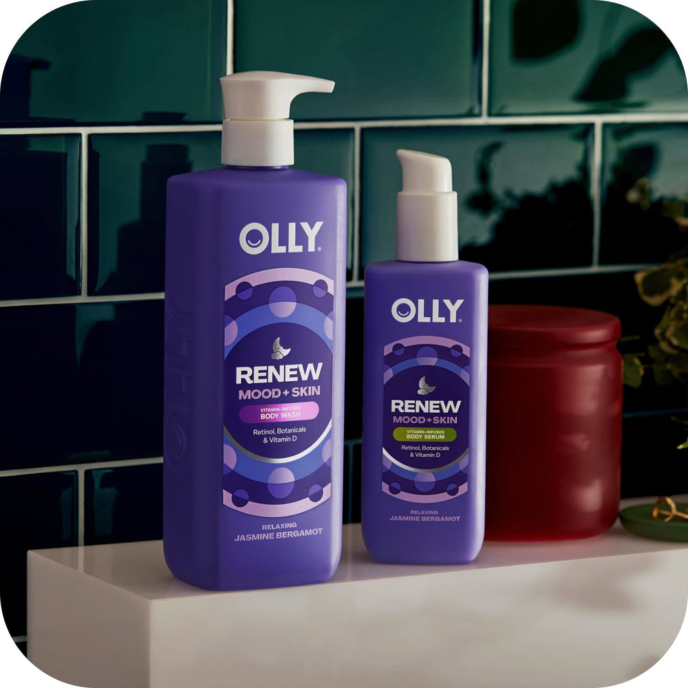 OLLY bottle beside towel in shower setting showing post-shower hydration benefit