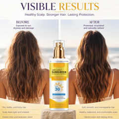 Model applying Omexry at the beach for scalp and hair UV protection