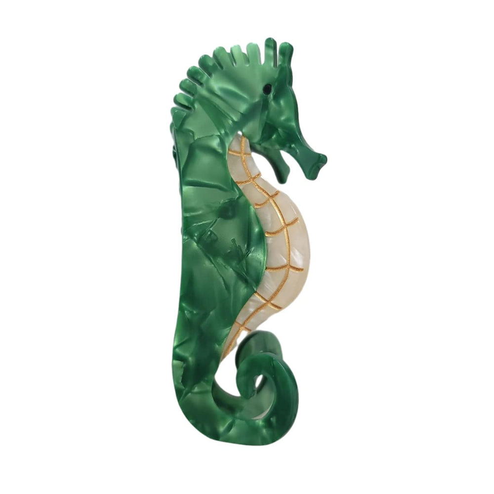 OMG Decor front view of green hippocampus clip shows elegant hold benefit