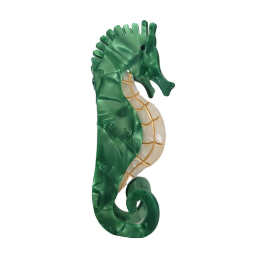 OMG Decor front view of green hippocampus clip shows elegant hold benefit