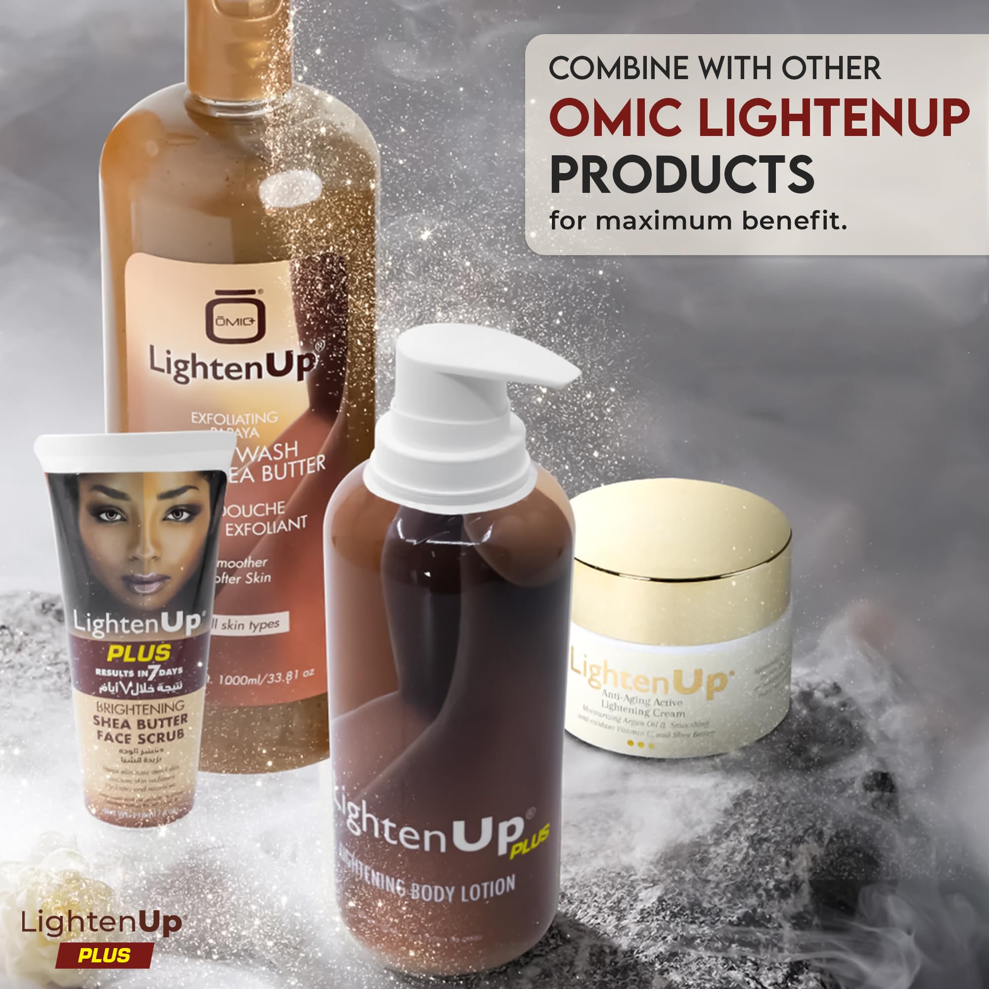 OMIC Lighten-Up bottle on bathroom shelf in a tidy skincare routine setting