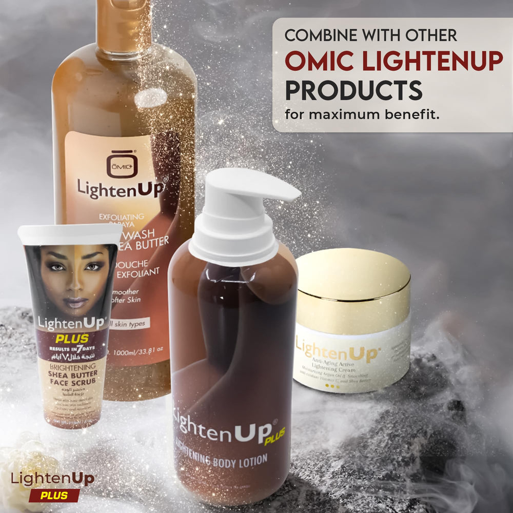 OMIC Lighten-Up bottle on bathroom shelf in a tidy skincare routine setting